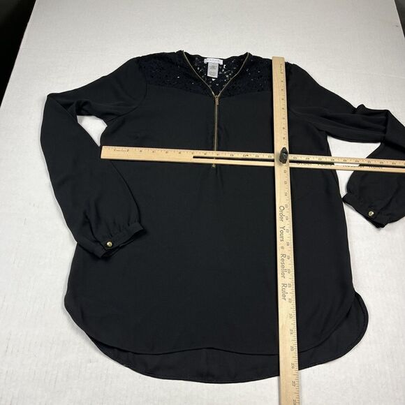 Cache 1/4 Zip Lace Blouse Black Long Sleeve Dressy Top Lightweight Shirt SMALL - Picture 5 of 9